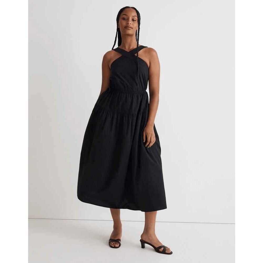 Madewell Black Poplin Halter Tiered Midi Dress 00P NWT
